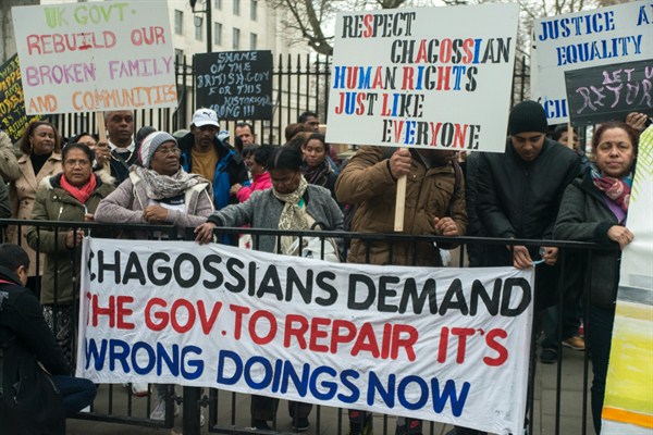 Chagossians demonstrate against the U.K. Government, London, Dec. 15, 2016 (Photo by Alberto Pezzali for Sipa via AP Images).