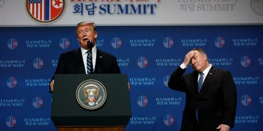 President Donald Trump speaks as Secretary of State Mike Pompeo looks on during a news conference after a summit with North Korean leader Kim Jong Un, Hanoi, Vietnam, Feb. 28, 2019 (AP photo by Evan Vucci).