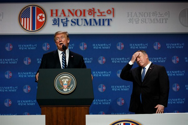 President Donald Trump speaks as Secretary of State Mike Pompeo looks on during a news conference after a summit with North Korean leader Kim Jong Un, Hanoi, Vietnam, Feb. 28, 2019 (AP photo by Evan Vucci).