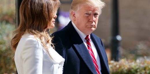 President Donald Trump and first lady Melania Trump walk to their motorcade after attending service at Saint John’s Church in Washington, March 17, 2019 (AP photo by Carolyn Kaster).