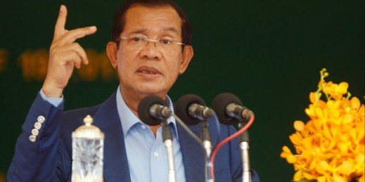 Cambodian Prime Minister Hun Sen at a groundbreaking ceremony for a Chinese-funded expressway project in Kampong Speu province, south of Phnom Penh, Cambodia, March 22, 2019 (AP photo by Heng Sinith).