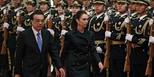 New Zealand Prime Minister Jacinda Ardern, right, and Chinese Premier Li Keqiang during a welcome ceremony at the Great Hall of the People in Beijing, April 1, 2019 (AP photo by Andy Wong).