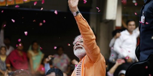 Indian Prime Minister Narendra Modi greets the crowd during a visit to Varanasi, India, April 25, 2019 (AP photo by Rajesh Kumar Singh).