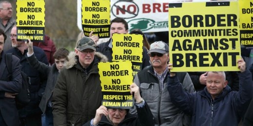 Anti-Brexit demonstrators protest at the Irish border, Carrickcarnon, Ireland, March 30, 2019 (AP photo by Peter Morrison).