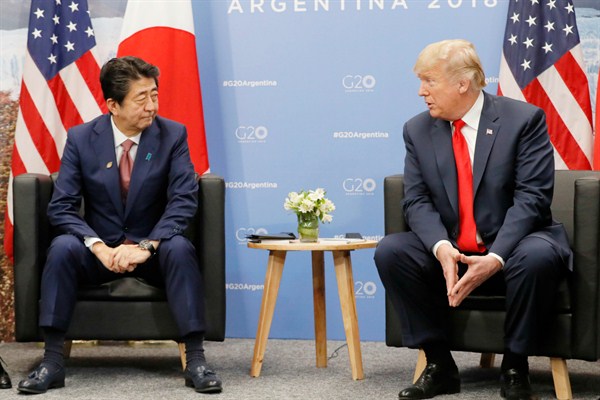 Japanese Prime Minister Shinzo Abe and U.S. President Donald Trump meet on the sidelines of the Group of 20 summit in Buenos Aires, Argentina, Nov. 30, 2018 (Kyodo photo via AP Images).