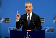 NATO Secretary-General Jens Stoltenberg at a press conference at NATO headquarters in Brussels, April 1, 2019 (AP photo by Virginia Mayo).