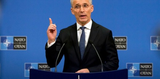 NATO Secretary-General Jens Stoltenberg at a press conference at NATO headquarters in Brussels, April 1, 2019 (AP photo by Virginia Mayo).