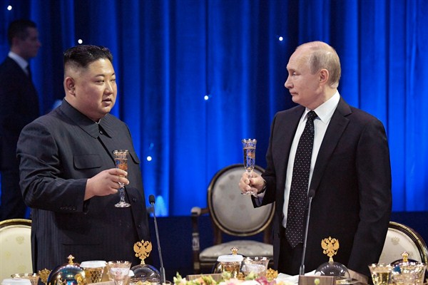 Russian President Vladimir Putin, right, and North Korean leader Kim Jong Un after their talks in Vladivostok, Russia, April 25, 2019 (Photo by Alexei Nikolsky for Sputnik via AP Images).