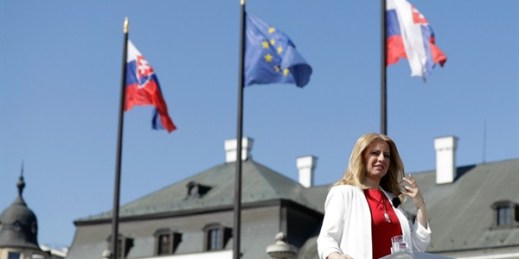 Slovakia’s newly elected president, Zuzana Caputova, arrives for a television interview in front of the Presidential Palace in Bratislava, Slovakia, March 31, 2019 (AP photo by Petr David Josek).