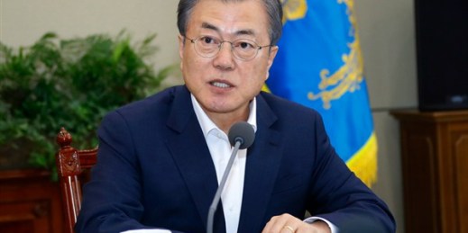 South Korean President Moon Jae-in during a meeting with his aides at the presidential Blue House in Seoul, South Korea, April 15, 2019 (Photo by Bae Jae-man for Yonhap via AP Images).