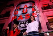 Spanish Prime Minister Pedro Sanchez gestures to supporters outside the headquarters of the Socialist Party following Sunday’s election, Madrid, April 28, 2019 (AP photo by Bernat Armangue).