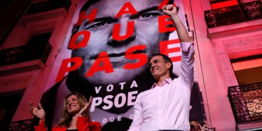 Spanish Prime Minister Pedro Sanchez gestures to supporters outside the headquarters of the Socialist Party following Sunday’s election, Madrid, April 28, 2019 (AP photo by Bernat Armangue).