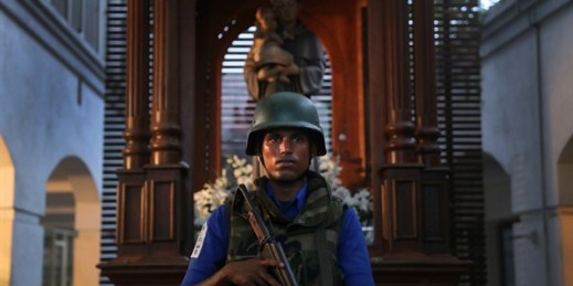 A Sri Lankan soldier stands guard at the damaged St. Anthony’s Shrine in Colombo, Sri Lanka, April 26, 2019 (AP photo by Manish Swarup).