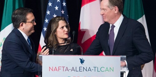 U.S. Trade Representative Robert Lighthizer, right, Canadian Foreign Affairs Minister Chrystia Freeland and Mexican Secretary of Economy Ildefonso Guajardo Villarreal in Montreal, Canada, Jan. 29, 2018 (Canadian Press photo by Graham Hughes via AP).