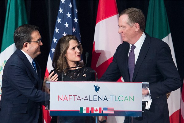 U.S. Trade Representative Robert Lighthizer, right, Canadian Foreign Affairs Minister Chrystia Freeland and Mexican Secretary of Economy Ildefonso Guajardo Villarreal in Montreal, Canada, Jan. 29, 2018 (Canadian Press photo by Graham Hughes via AP).