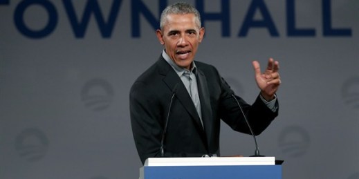 Former U.S. President Barack Obama gestures as he speaks during a town hall meeting at the European School For Management And Technology, Berlin, Germany, April 6, 2019 (AP photo by Michael Sohn).