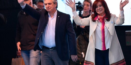 Presidential candidate Alberto Fernandez, left, and his running mate, former President Cristina Fernandez de Kirchner, greet supporters during their kick-off campaign rally, Buenos Aires, Argentina, May 25, 2019 (AP photo by Gustavo Garello).