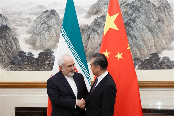 Chinese Foreign Minister Wang Yi, right, and Iranian Foreign Minister Mohammad Javad Zarif at the Diaoyutai State Guesthouse in Beijing, May 17, 2019 (Reuters Pool photo by Thomas Peter via AP Images).
