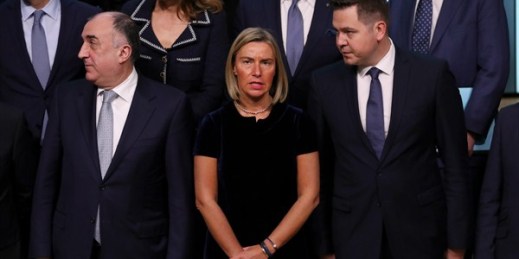 European Union foreign policy chief Federica Mogherini poses during a group photo of foreign ministers from the EU and the Eastern Partnership, Brussels, May 13, 2019 (AP photo by Francisco Seco).