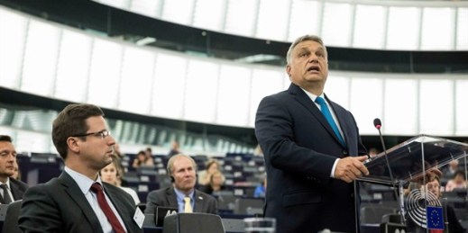 Hungarian Prime Minister Viktor Orban delivers a speech at the European Parliament, Strasbourg, France, Sept. 11, 2018 (AP photo by Jean-Francois Badias).