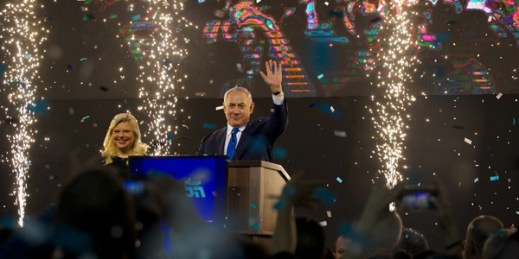 Israeli Prime Minister Benjamin Netanyahu waves to supporters after polls for Israel’s general elections closed in Tel Aviv, Israel, April 10, 2019 (AP photo by Ariel Schalit).