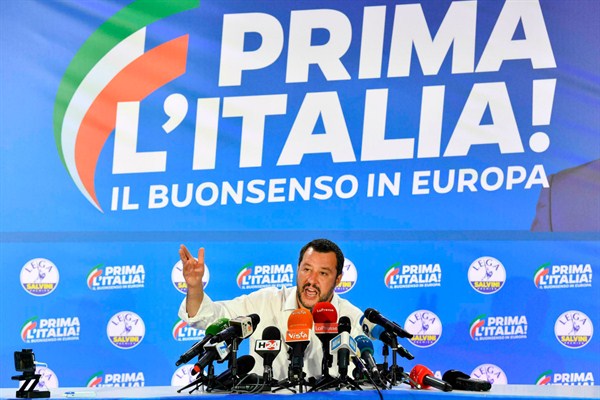 Matteo Salvini, Italy’s deputy prime minister and interior minister, at a press conference after the European Parliament elections, Milan, May 27, 2019 (ANSA photo by Daniel Dal Zennaro via AP).