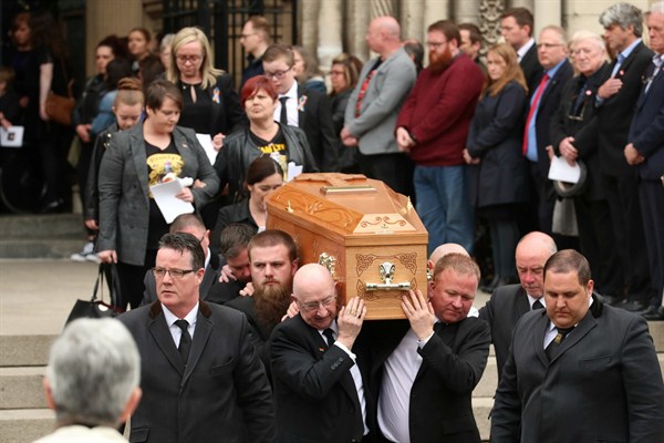 The funeral service of murdered journalist Lyra McKee at St Anne’s Cathedral in Belfast, Northern Ireland, April 24, 2019 (Press Association photo by Liam McBurney via AP Images).