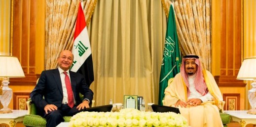 Saudi King Salman, right, and Iraqi President Barham Salih, in Riyadh, Saudi Arabia, Nov. 18, 2018 (Saudi Press Agency photo via AP Images).