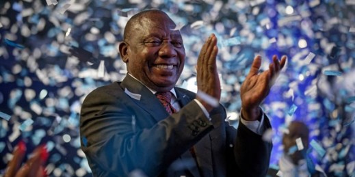 South African President Cyril Ramaphosa applauds as confetti is launched at the end of the election results ceremony, Pretoria, South Africa, May 11, 2019 (AP photo by Ben Curtis).
