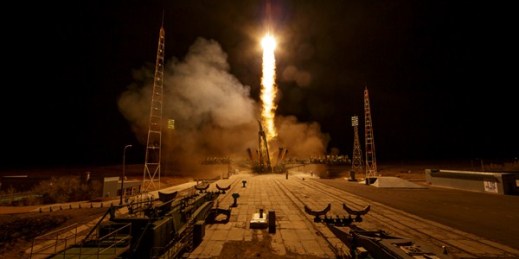 The Soyuz MS-12 spacecraft launches carrying a Russian-American crew of three, bound for the International Space Station, Baikonur, Kazakhstan, March 15, 2019 (NASA photo by Bill Ingalls via AP Images).
