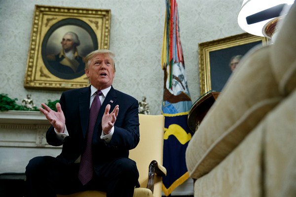 President Donald Trump at a meeting with Hungarian Prime Minister Viktor Orban in the Oval Office of the White House, Washington, May 13, 2019 (AP photo by Evan Vucci).