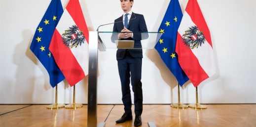 Then-Chancellor Sebastian Kurz during a news conference after the resignation of his vice chancellor, the Freedom Party's Heinz-Christian Strache, spelled an end to his governing coalition, Vienna, May 21, 2019 (AP photo by Michael Gruber).