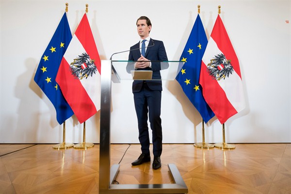 Then-Chancellor Sebastian Kurz during a news conference after the resignation of his vice chancellor, the Freedom Party's Heinz-Christian Strache, spelled an end to his governing coalition, Vienna, May 21, 2019 (AP photo by Michael Gruber).