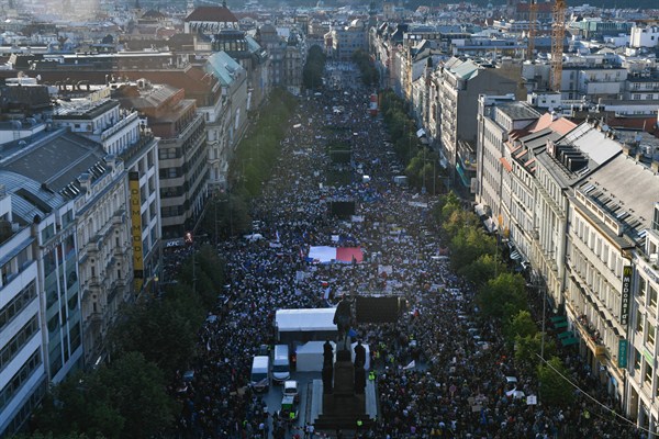 Tens of thousands of people protest against Prime Minister Andrej Babis, at Wenceslas Square, Prague, Czech Republic, May 21, 2019 (CTK photo by Michal Kamaryt via AP Images).
