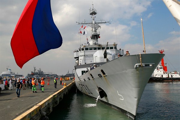 The French Navy ship Vendemiaire, docked for a five-day port call in Manila, Philippines, March 12, 2018 (AP photo by Bullit Marquez).