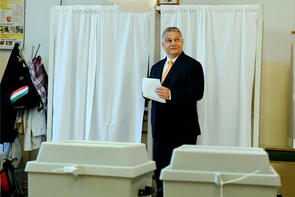 Hungarian Prime Minister Viktor Orban casts his vote at a polling station for the European Parliament election, Budapest, May 26, 2019 (MTI photo by Szilard Koszticsak via AP).
