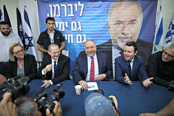Former Defense Minister and Yisrael Beiteinu party leader Avigdor Lieberman during a press conference after a second, snap election was called, Tel Aviv, Israel, May 30, 2019 (AP photo by Oded Balilty).