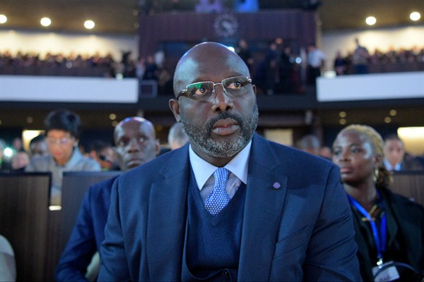 Liberian President George Weah attends the opening session of the Internet Governance Forum at the UNESCO headquarters in Paris, France, Nov. 12, 2018 (Photo by Liewig Christian for Sipa via AP Images).