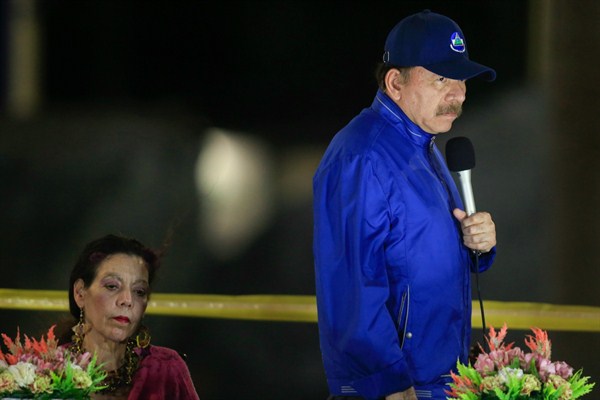 Nicaraguan President Daniel Ortega speaks next to first lady and Vice President Rosario Murillo during the inauguration ceremony of a highway overpass in Managua, Nicaragua, March 21, 2019 (AP photo by Alfredo Zuniga).
