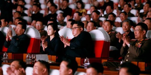 North Korean leader Kim Jong Un, center right, and his wife, Ri Sol Ju, center left, at a musical performance in North Korea, June 2, 2019 (Korean Central News Agency photo via AP Images).