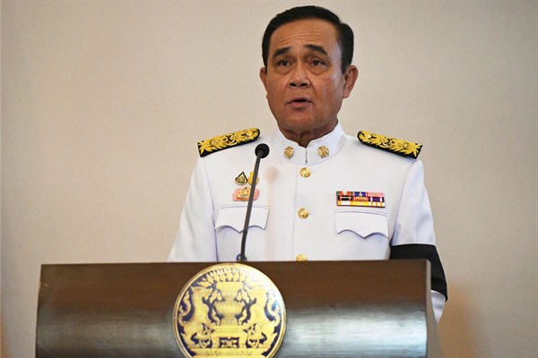 Thailand’s prime minister, Prayuth Chan-ocha, speaks after the royal endorsement ceremony at Government House in Bangkok, June 11, 2019 (Pool photo by Lillian Suwanrumpha via AP images).
