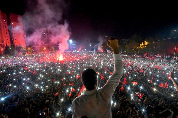 Ekrem Imamoglu, the candidate of the opposition Republican People's Party, waves to supporters at a victory rally after the repeat mayoral election, Istanbul, June 23, 2019 (Imamoglu Media photo by Onur Gunay team via AP).