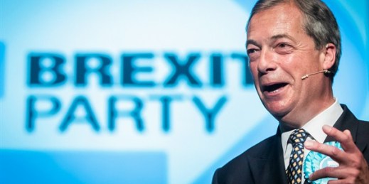 Brexit Party leader Nigel Farage at a Brexit Party rally in Peterborough ahead of the upcoming by-election, June 1, 2019 (Press Association photo by Danny Lawson via AP Images).