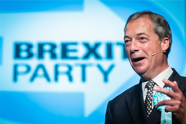 Brexit Party leader Nigel Farage at a Brexit Party rally in Peterborough ahead of the upcoming by-election, June 1, 2019 (Press Association photo by Danny Lawson via AP Images).
