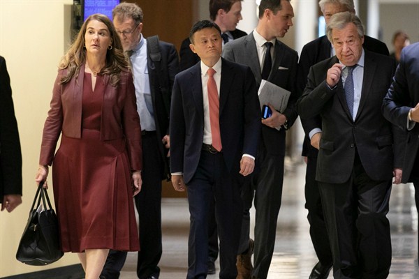 Melinda Gates, Jack Ma, center, and United Nations Secretary-General Antonio Guterres, right, at U.N. headquarters, June 10, 2019 (AP photo by Richard Drew).
