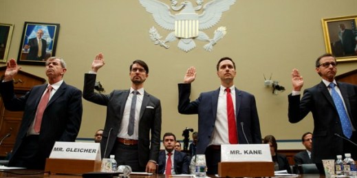 State officials and tech company executives are sworn in to testify at a congressional subcommittee hearing on election security, Washington, May 22, 2019 (AP photo by Carolyn Kaster).