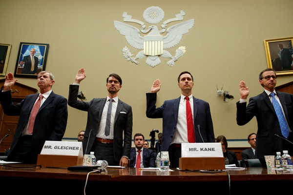 State officials and tech company executives are sworn in to testify at a congressional subcommittee hearing on election security, Washington, May 22, 2019 (AP photo by Carolyn Kaster).