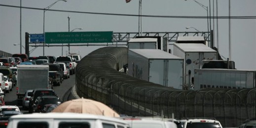 Trucks lined up to cross from Mexico into the United States, in Ciudad Juarez, Mexico, May 31, 2019 (AP photo by Christian Torrez).