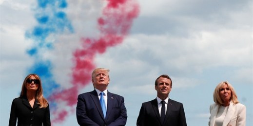 U.S. President Donald Trump, First Lady Melania Trump, French President Emmanuel Macron and his wife, Brigitte Macron, attend a ceremony to mark the 75th anniversary of D-Day, Normandy, France, June 6, 2019 (pool photo by Ian Langsdon via AP Images).