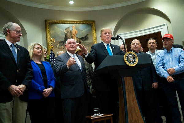President Donald Trump delivers remarks on supporting American farmers, at the White House, Washington, May 23, 2019 (Photo by Kevin Dietsch for dpa via AP Images).